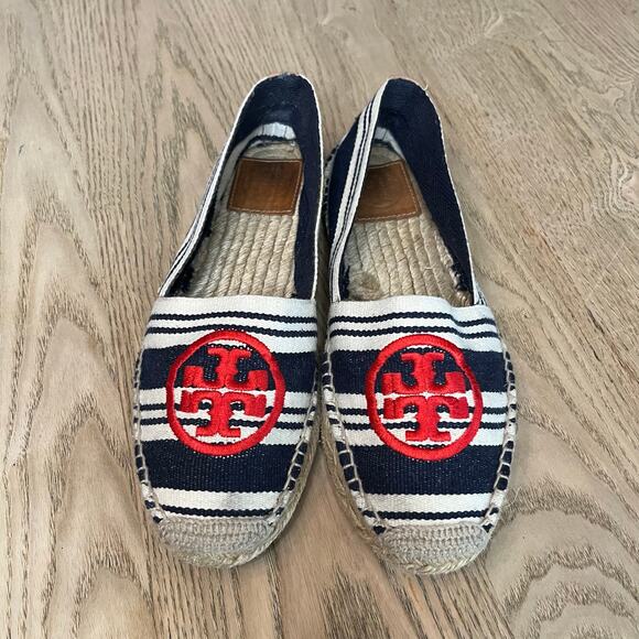 Tory Burch Canvas Striped Espadrille Slip On Red Navy Nautical Women’s Size 8 - Picture 1 of 8